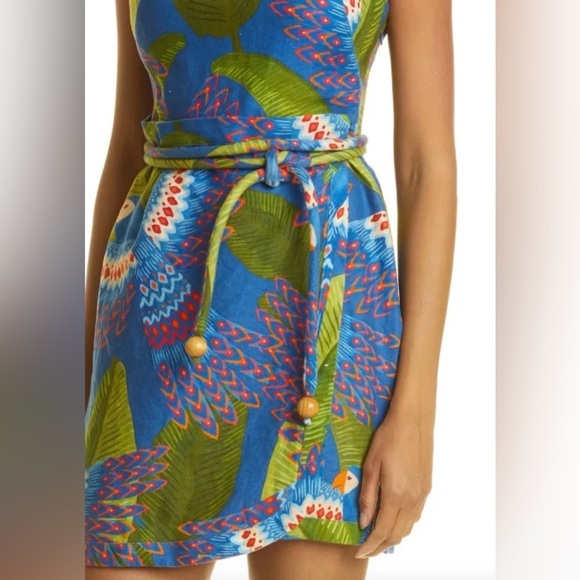 FARM RIO XS Mini Wrap Dress Blue Macaw Print 100% linen Super Cute! - Picture 3 of 10